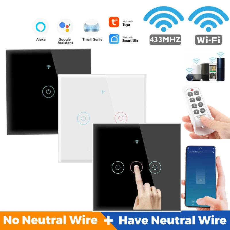 

1/2/3/4 Gang Tuya WiFi 433MHZ Smart Wifi Wall Touch Light Switch EU No Neutral Wire Required Work With Alexa Google Home
