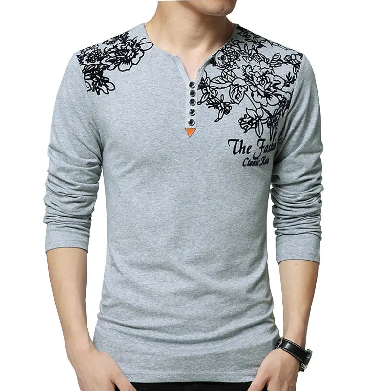 

2021 Spring Autumn Cotton Men T-shirt V-neck Casual Long Sleeve T shirt for Men Plus Size M-5XL