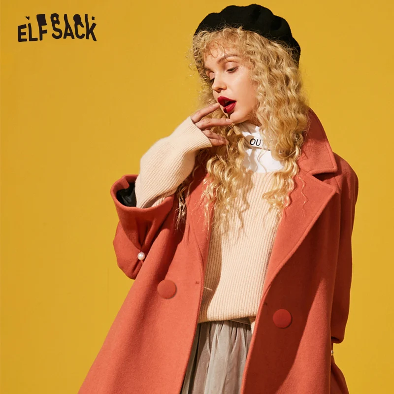 Женское пальто из смесовой шерсти ELFSACK Элегантное длинное с отложным воротником