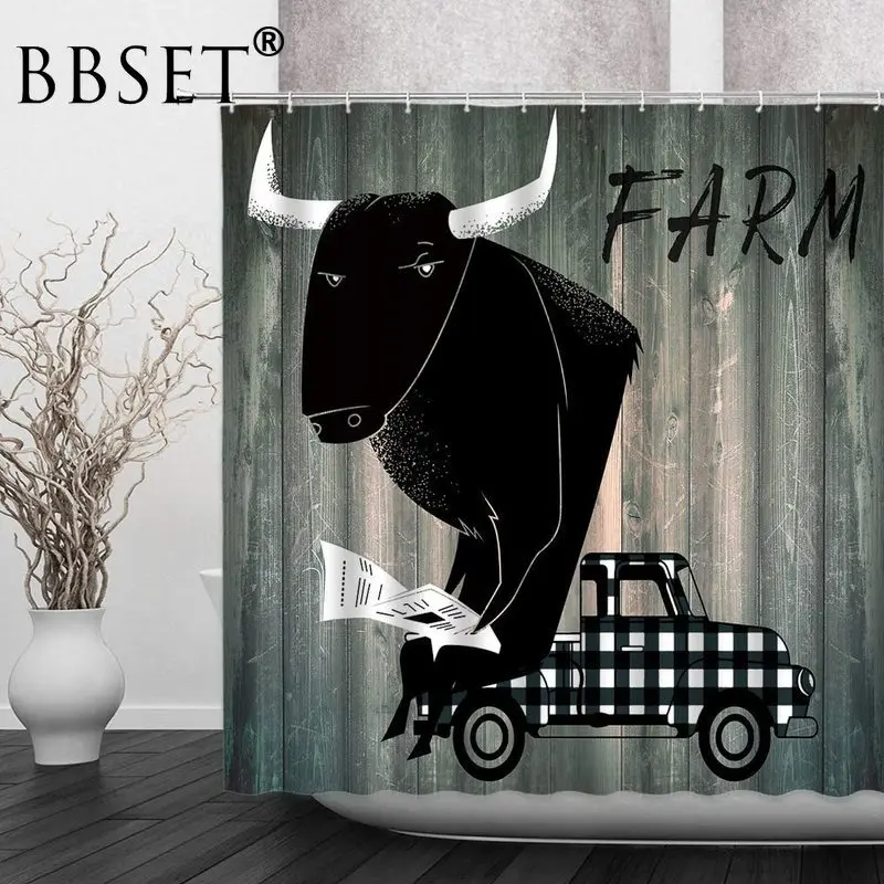Занавеска для душа с изображением фермы черного быка сидя на грузовике чтения