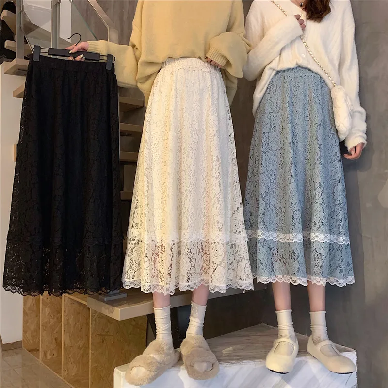 

Long Skirt Female Spring and Autumn New High Waist Temperament Lace Skirt Mid-length A-line Skirt
