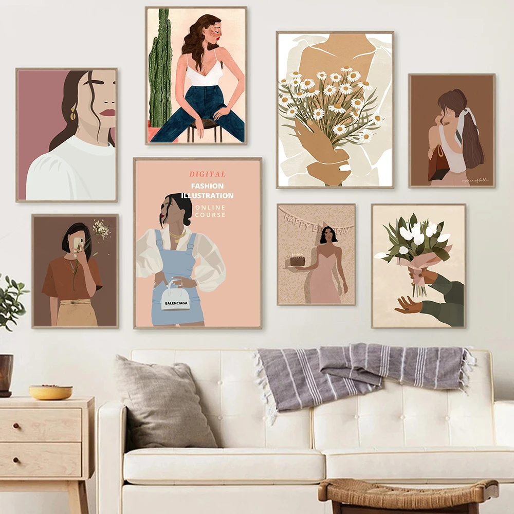 

Canvas Posters Abstract Fashion Vintage Girl Nordic Minimalist Art Prints Painting On The Wall Living Room Decoration Pictures