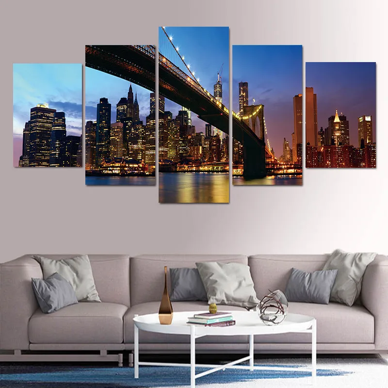 

Canvas Pictures Framework 5 Pieces Brooklyn Bridge City Night View Painting Home Wall Art Decor Poster Bedroom Modular Oil