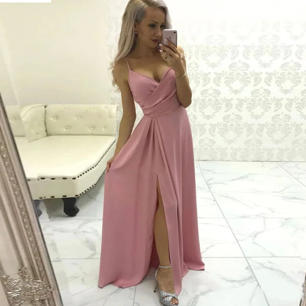 

Simple Satin Evening Dress Long 2021 Spaghetti Straps Sexy V-Neck A-Line Eleglant Side Slit Prom Gowns Vintage ​robes de soirée
