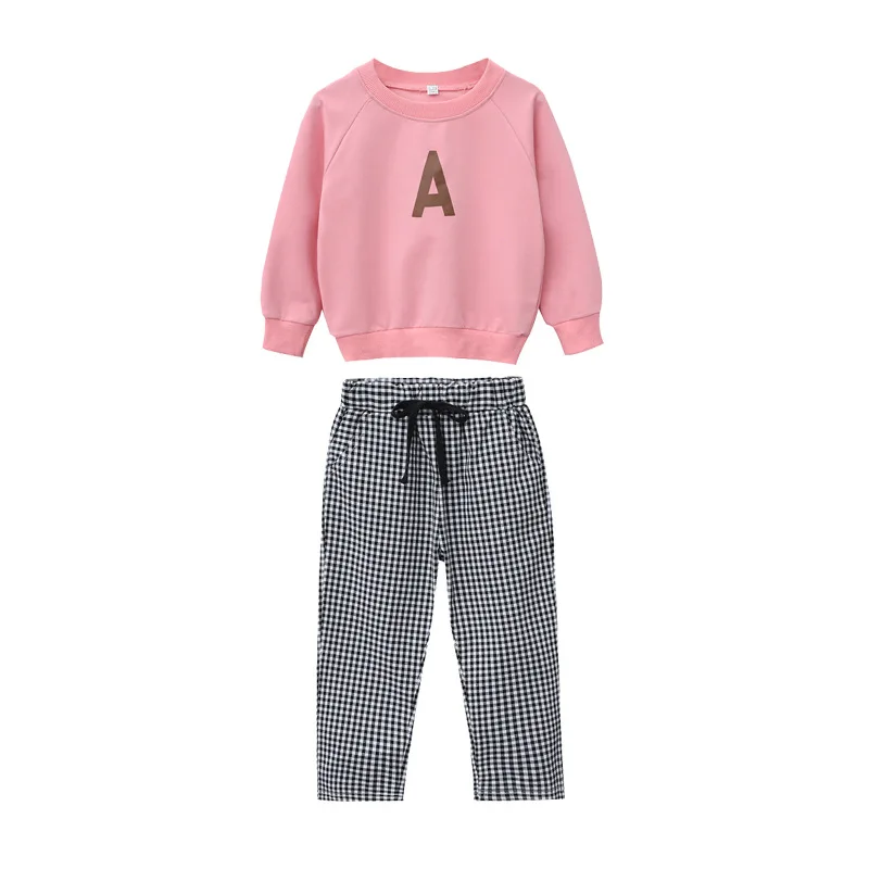 Spring Autumn Girls Tracksuit Teenage Stylish Simplicity Casual Outfit Kids Sweatshirt+ Plaid Slack Pants 2pcs Set Children Suit