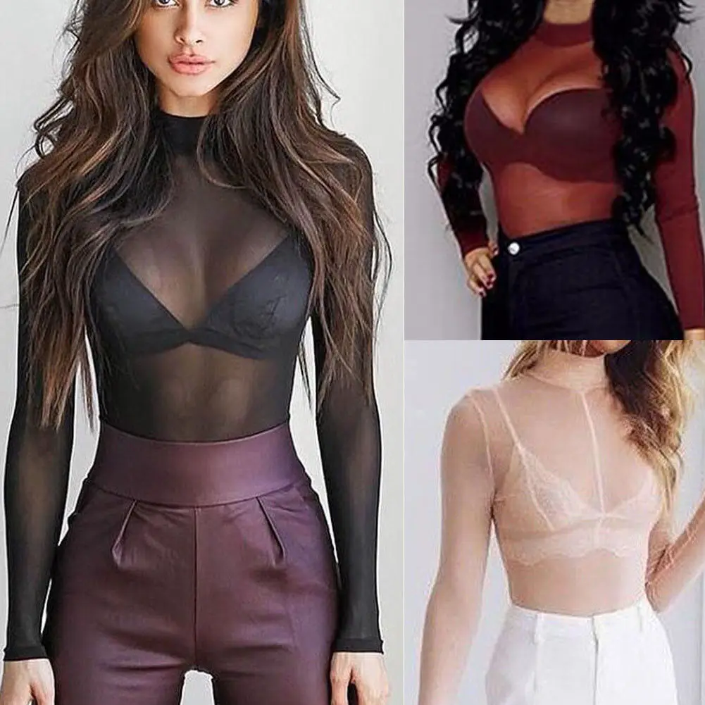 Модные женские облегающие футболки Прозрачный Топ с длинным рукавом Клубная