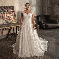 glitter modest plus size wedding dresses 2021 lace appliques a line sleeveless v neck court train bridal gown big size custom