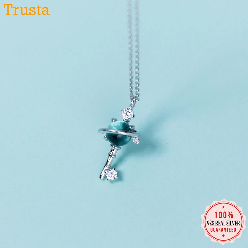 Trusta 100% 925 цельное Настоящее серебро ключ Вселенная CZ синий кристалл кулон 40 см ожерелье ключицы серебряное