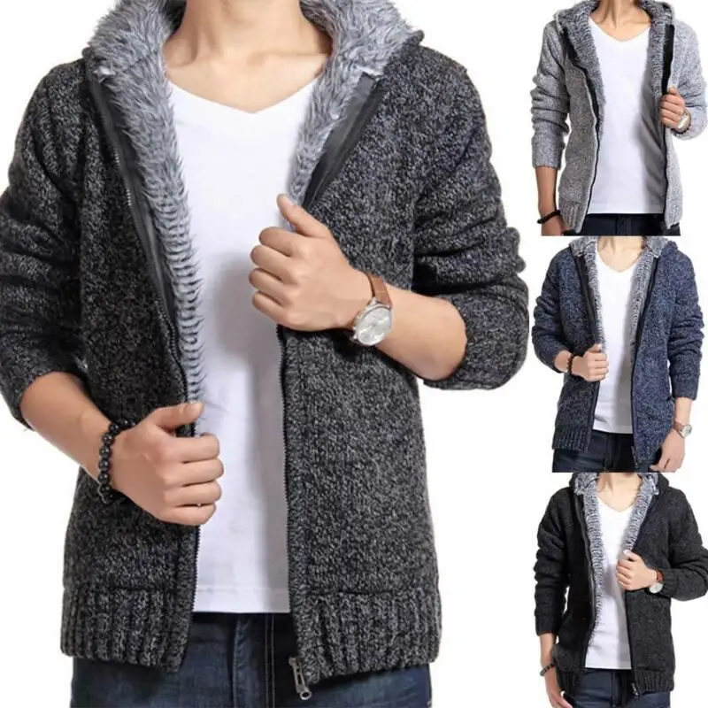 

Mens Fleece Knitted Sweater Lined Winter Warm Hooded Cardigan Jumper Coat Jacket