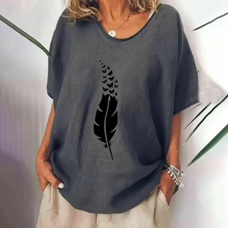 

Spring Feather Butterfly Print Linen Cotton Blouses Women Sexy V Neck Irregular Shirts Pullover Autumn Batwing Sleeve Loose Tops