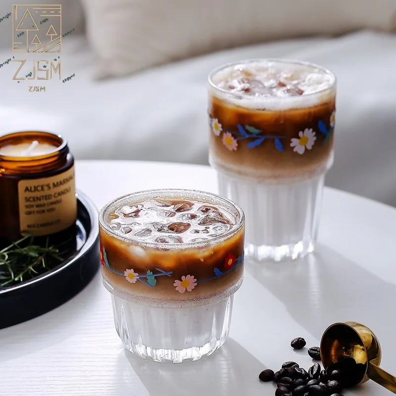 

258/350ML Korean Small Daisies Print Glass Coffee Mug Creative Glass Cup Tea Milk Lemon Juice Drinking Cup Home Drinkware Latte