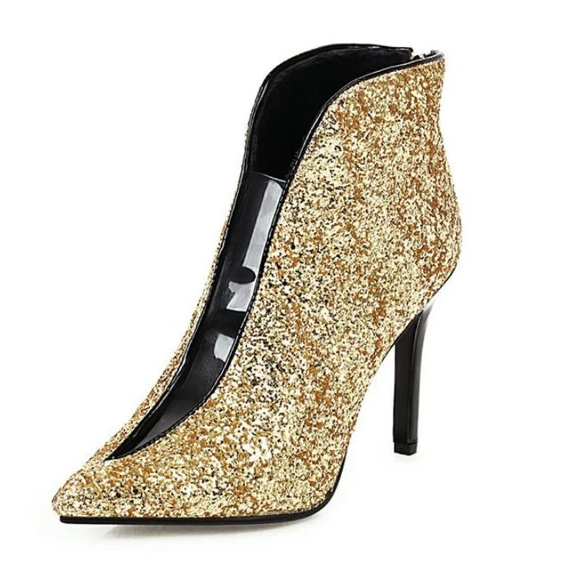 

New women's shoes pointed toe high-heeled stiletto and ankle boots for women silver gold sequins bridal wedding shoes