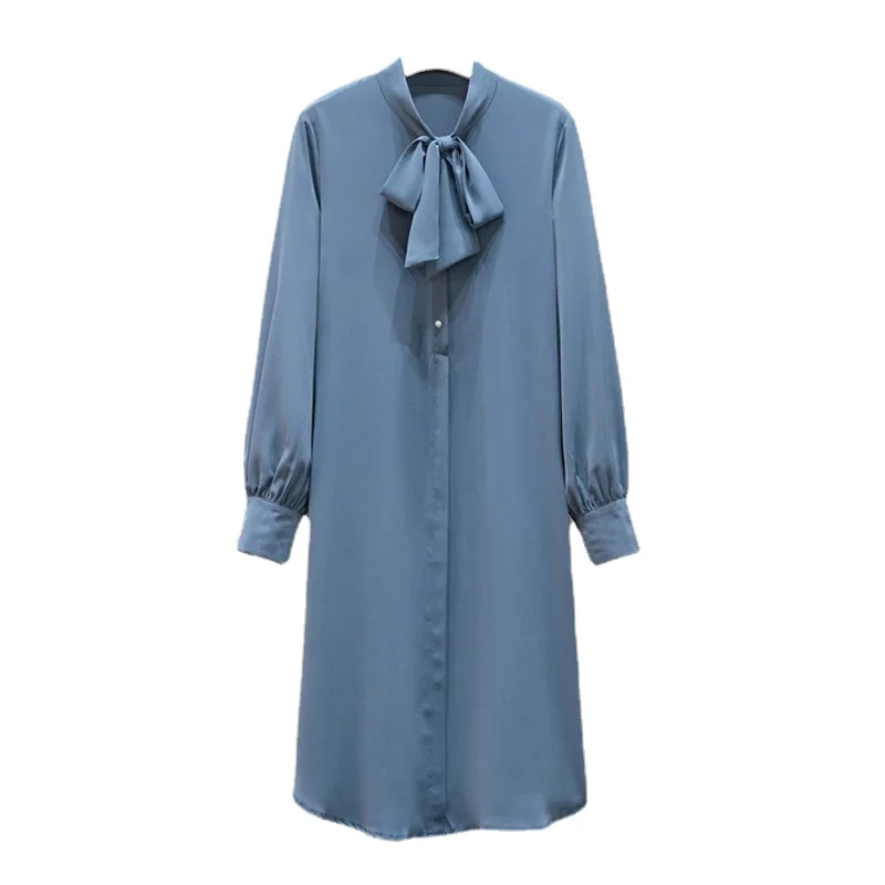 

Plus Size L-4XL Women Solid Color Blue Shirt Dress Spring Autumn Elegant Bow Collar Long Sleeve Loose Casual Ladies Midi Dresses