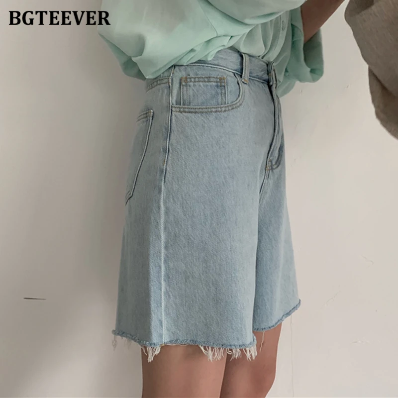 Женские джинсовые шорты BGTEEVER летние свободные с бахромой на подоле повседневный