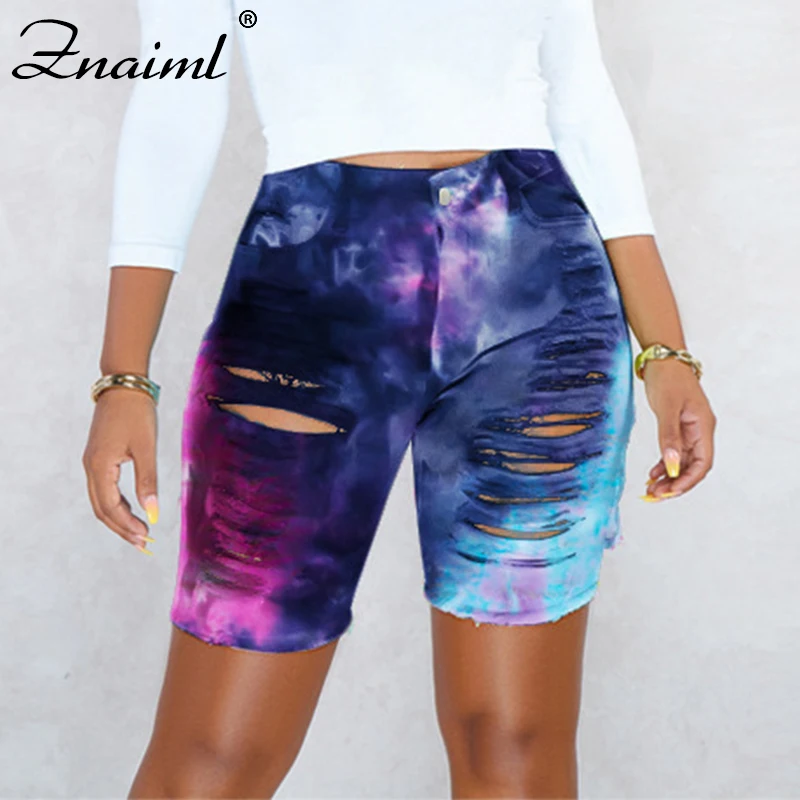 

Znaiml Sexy Hole Tie-Dye High Waist Denim Shorts Women 2021 Summer Hollow Out Stretch Ripped Streetwear Ladies Knee Length Jeans