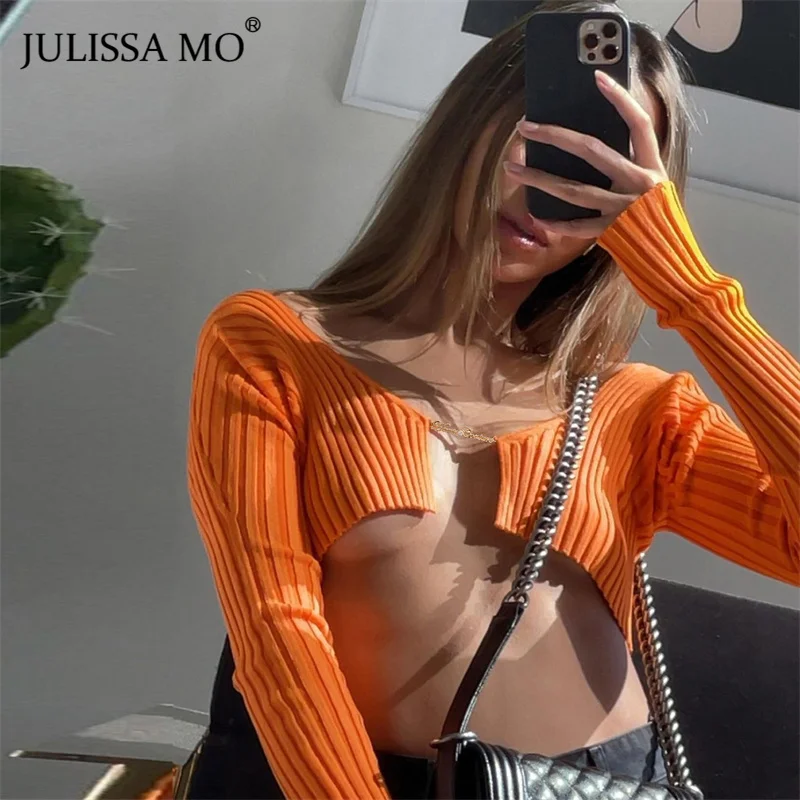 

JULISSA MO Long Sleeve Knitted Short Cardigan Tops 2021 Women Deep V-Neck Sexy Casual Female 2021 Fashion Autumn Sweater Clothin