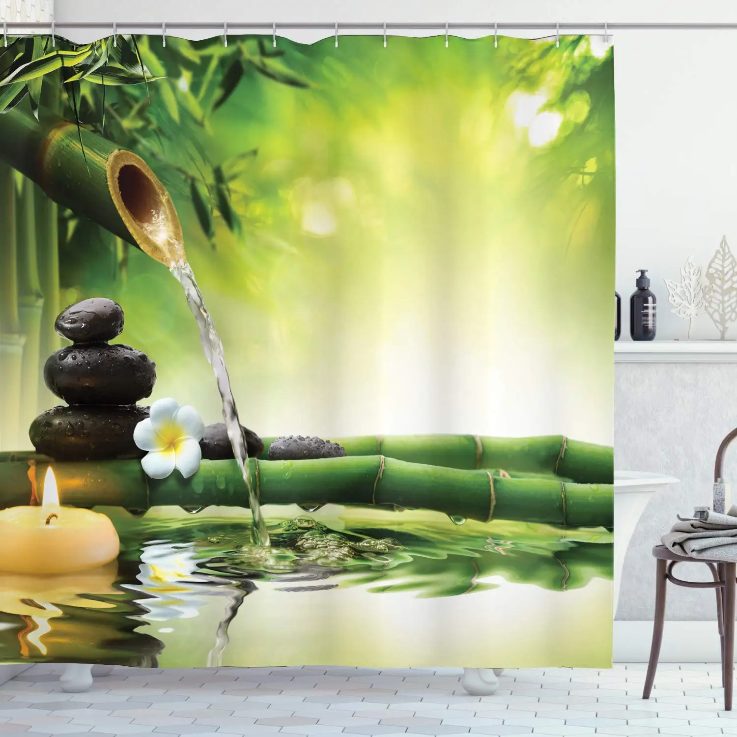 

Spa Shower Curtain, Meditation and Picture of Bamboo Stalks Candle and Basalt Stones Theraphy Relaxing, Cloth Fabric Bathroom