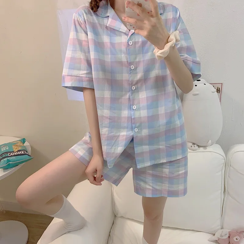 CAIYER Summer Plaid Pajamas Suit Sweet Girl Purple Printing Sleepwear Korean Women Leisure Pyjamas Home Luxury Pajamas for Women