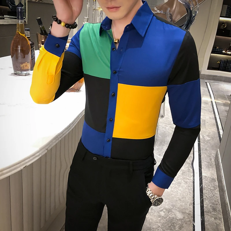 Горячая Распродажа цветная Мужская рубашка в стиле пэчворк весна 2020 приталенные