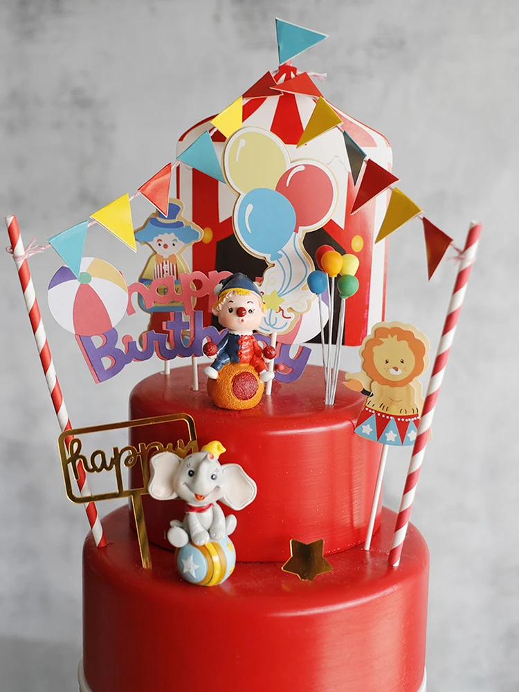 Baby Children's Happy Birthday Cake Topper Costume Circus Clown Elephant Party Dessert Card Dolls Cake Decoration Anniversary