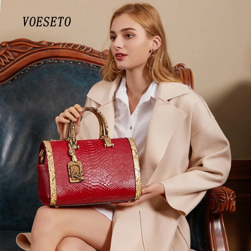 

VOESETO 2021 женская элегантная сумка из натуральной кожи 100% Бостон роскошная дизайнерская Ретро сумка модные сумки через плечо змея