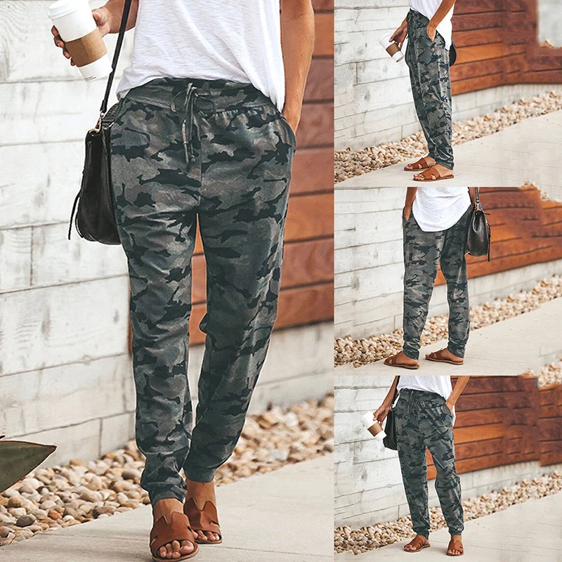 Высокая талия брюки свободные шаровары Хип хоп женские длинные Drawstring камуфляж