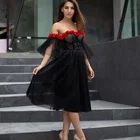 2021 Новое черное платье с открытыми плечами длиной до середины икры, платья для выпускного вечера с красными цветами, вечернее платье на выпускной