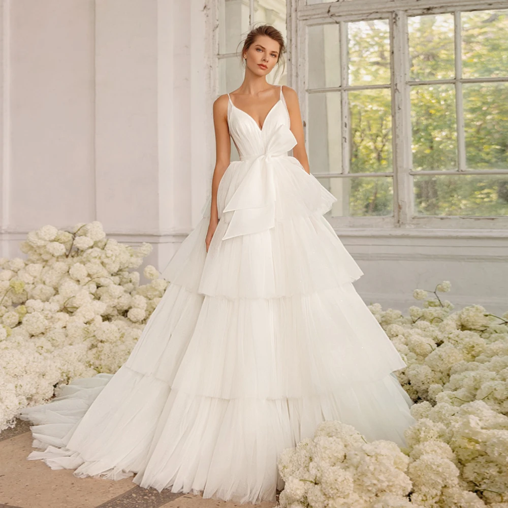 

A-Line V-Neck Wedding Dress Zipper Back Ruffles Tiered Tulle Sleeveless Court Train Bridal Gowns 2021 Vestido De Noiva