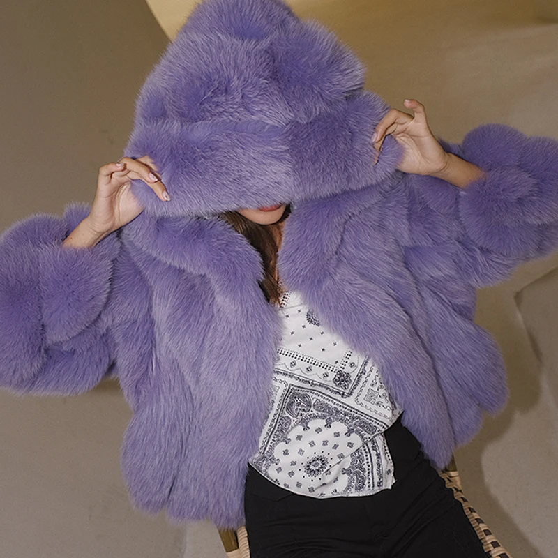 

2021 Winter New Natural Fox Fur Coat With Hood Fashion Bat Sleeved Genuine Fox Fur Jackets Women Overcoats Whole Skin Fur Coats