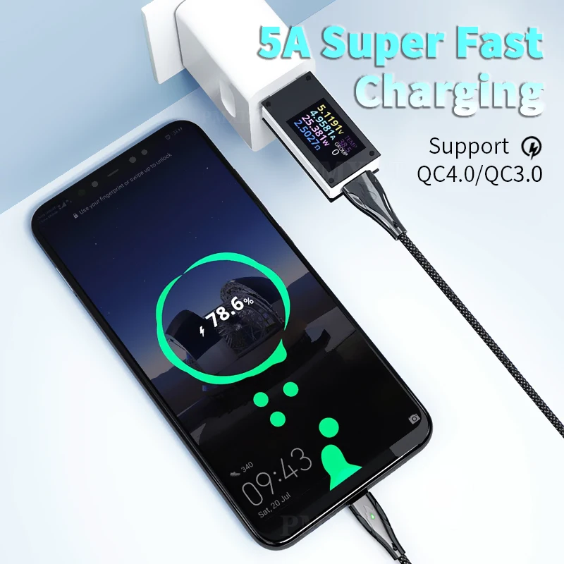 5A Магнитный Кабель с разъемом Micro Usb Type-C для супер быстрая зарядка USBC светодиодное