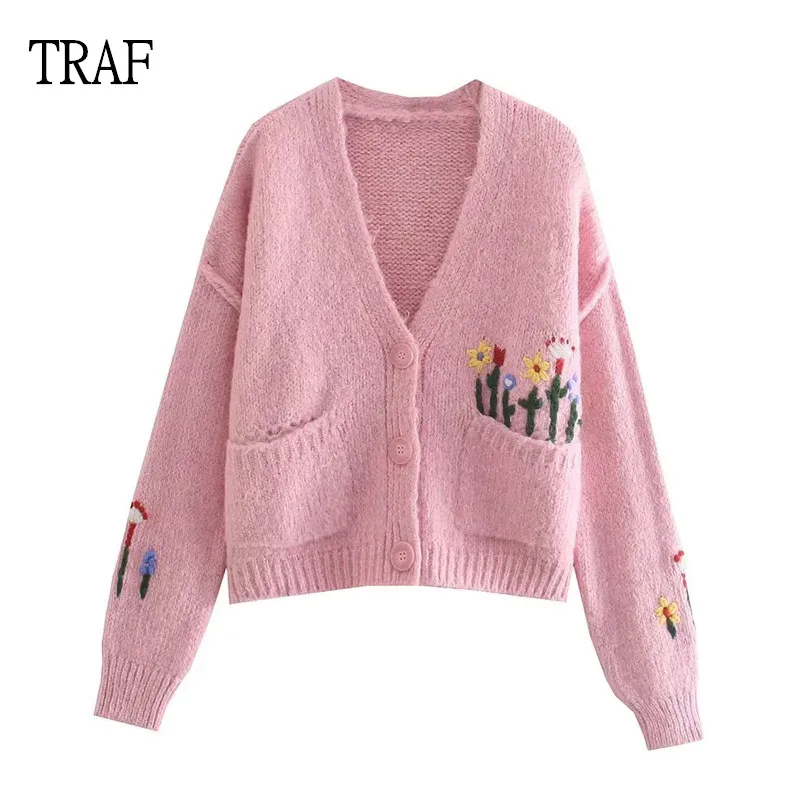 

Женский жаккардовый кардиган TRAF, Розовый Кардиган с длинным рукавом и карманами, зима 2021
