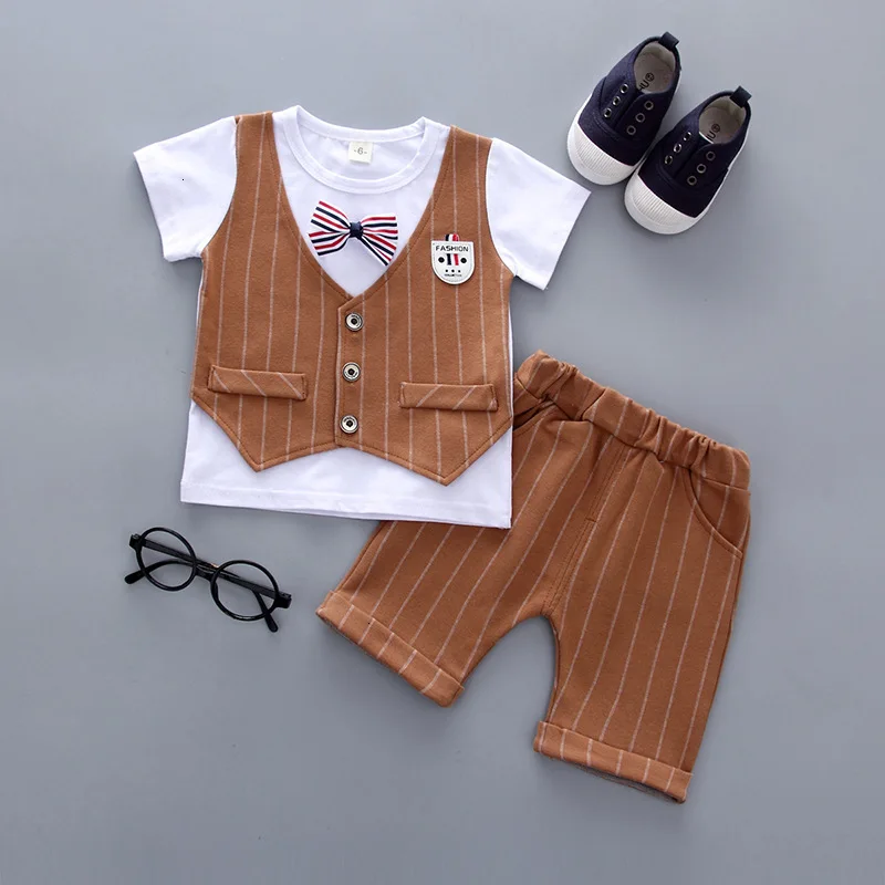 

Summer Boy Fashion Set Short Sleeve Gentleman T-Shirt Pants 2 Piece Set Striped Bow Tops Shorts Baby Boy Set k1