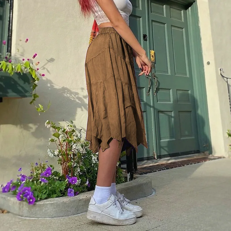 Women Y2k Aesthetic Vintage Long Maxi Skirt Solid Color Elastic High Waist Irregular Hem A-line Skirts Retro 90s Streetwear images - 6