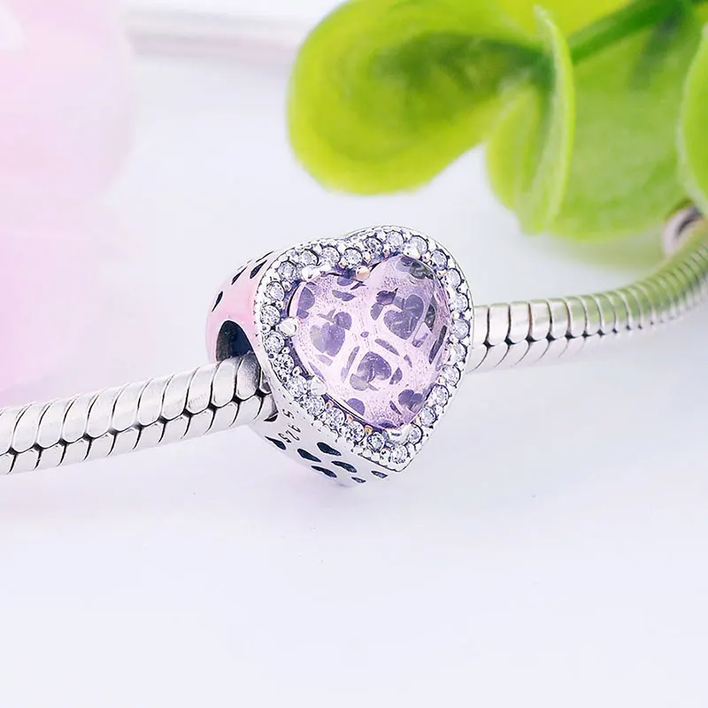 Аутентичные 925 серебряные сердца синие розовые циркониевые каменные бусины