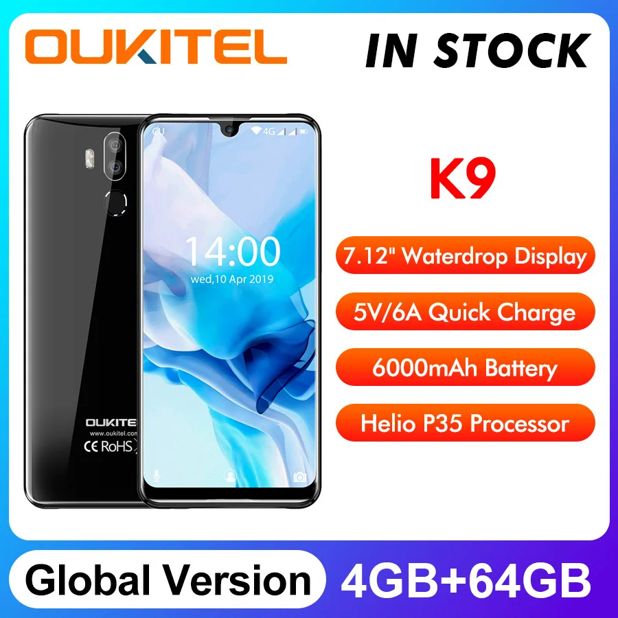 Смартфон OUKITEL K9 Waterdrop с быстрой зарядкой мобильный телефон FHD+ 7 12 дюйма 1080*2244 16 Мп+2