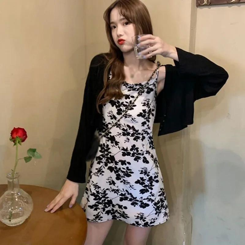 

Women's Basic Spaghetti Strap Cami Slip Mini Dress Female Flower Printed Slip Dress