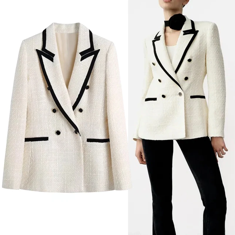 

TRAF 2021 Tweed Suit Double Breasted Blazer Woman Fitted Coat Contrast Piping Long Sleeve Autumn Button Elegant Female Blazer