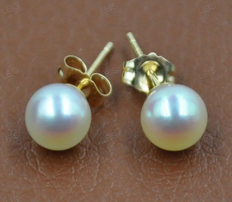 

GORGEOUS 14K-solid gold 6mm round Akoya pearl studs earring free shipping