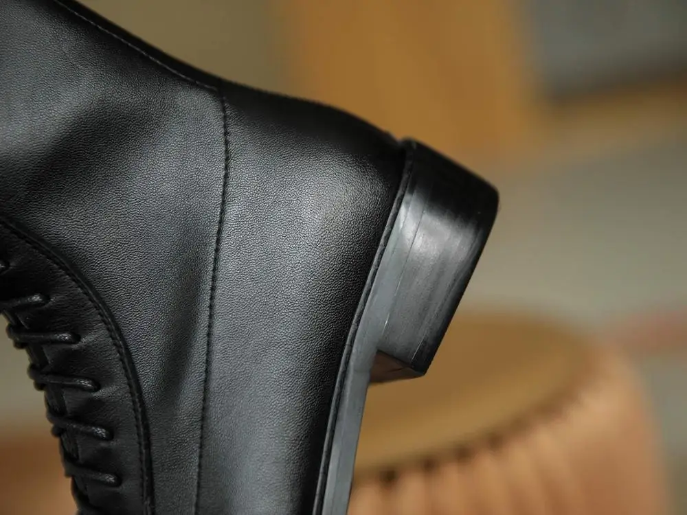 

Krazing pot work boots cow leather cross-tied square toe thick med heel zipper office lady dress fashion mature ankle boots L02