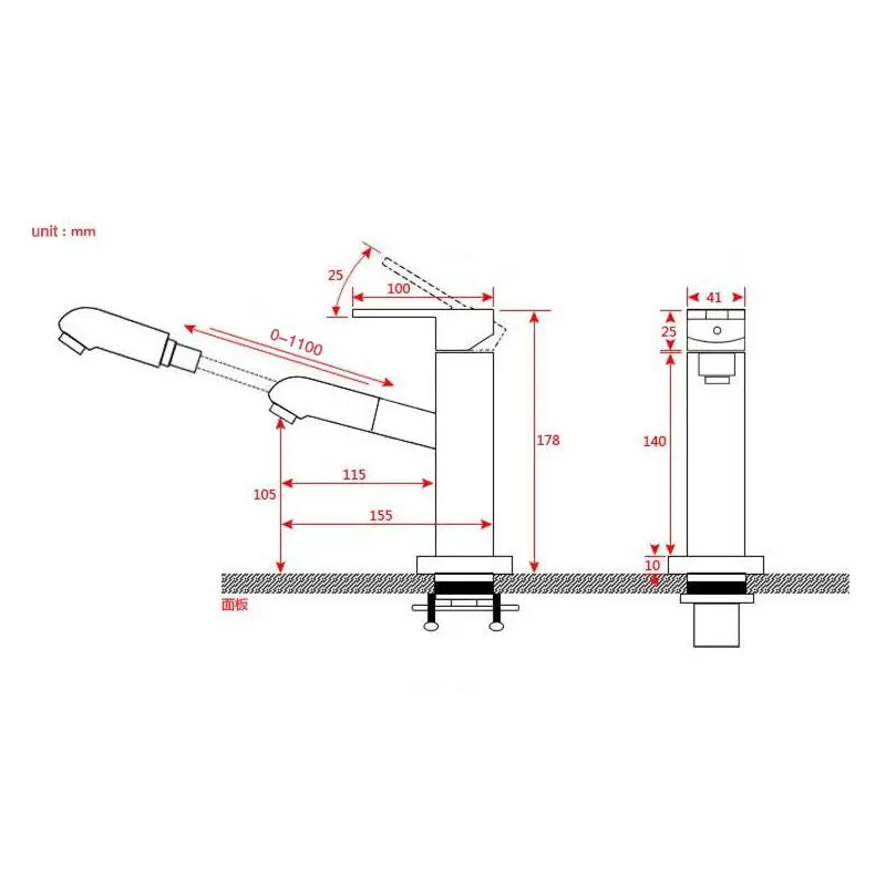 Выдвижной смеситель хромированный/Черный кран для мытья волос и лица