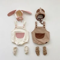 2021 autumn new cute baby bodysuit big pocket overalls newborn infant jumpsuit sleeveless strap bodysuit bunny ear hat