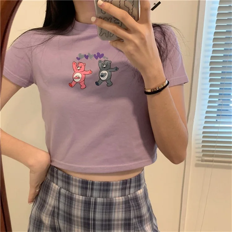 Медвежонок Круглый воротник короткий параграф открытым пупком bm Топ женский