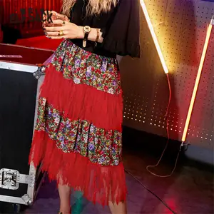 Женские юбки ELFSACK, красные повседневные юбки с контрастным кружевом и цветочным принтом, винтажные юбки с высокой талией в Корейском стиле на осень 2020