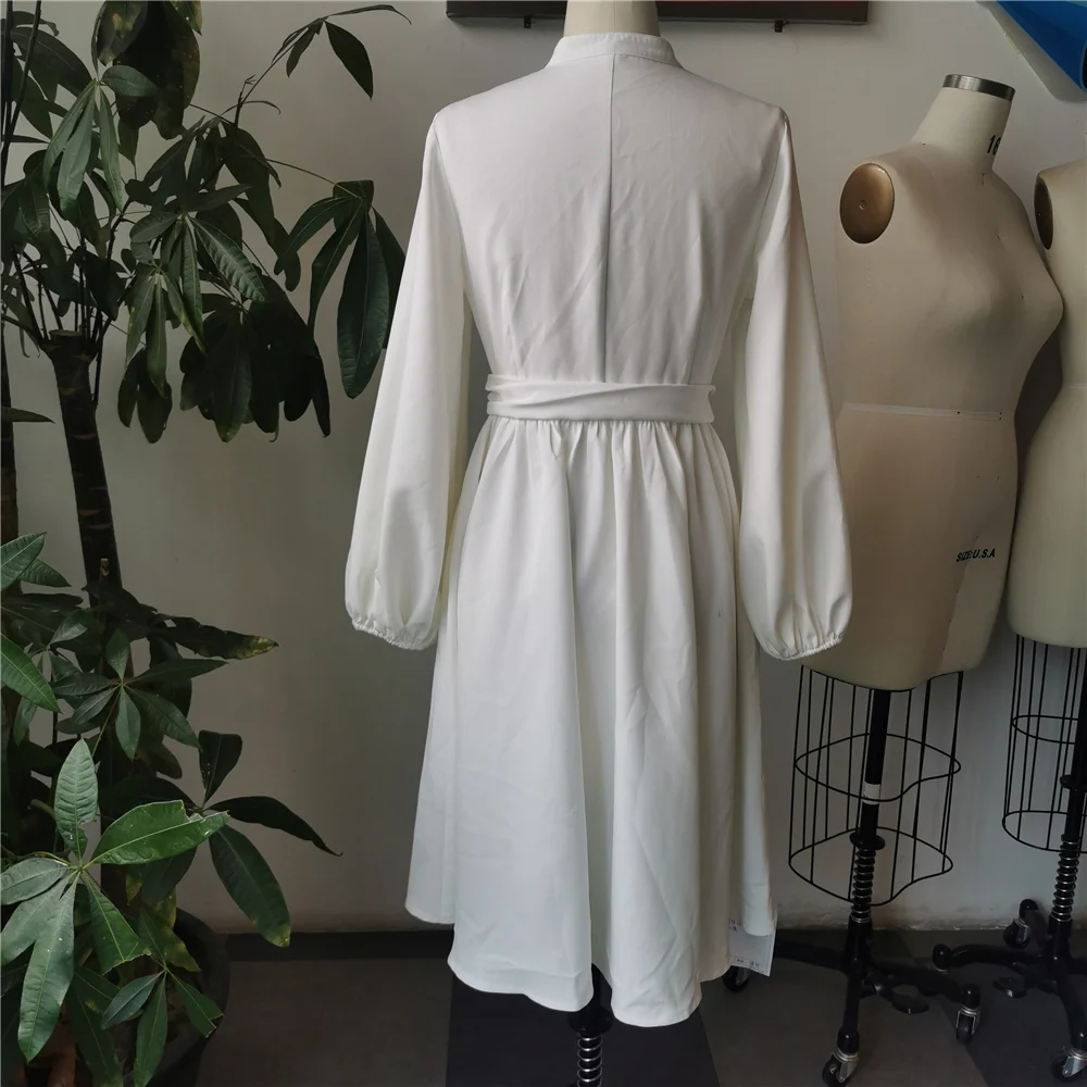 

White Dress Women Elegant Mid-calf Long Sleeve Spring Casual Pocket Office Lady OL Clothes 2021 Work Wear Plus Size Dress Africa