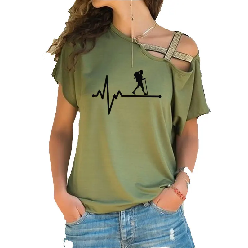 

Hiking Girl Lifeline Heartbeat Print Plus Size T-shirt Summer Women Cotton Irregular Skew Neck Cross Bandage casual woman tshirt