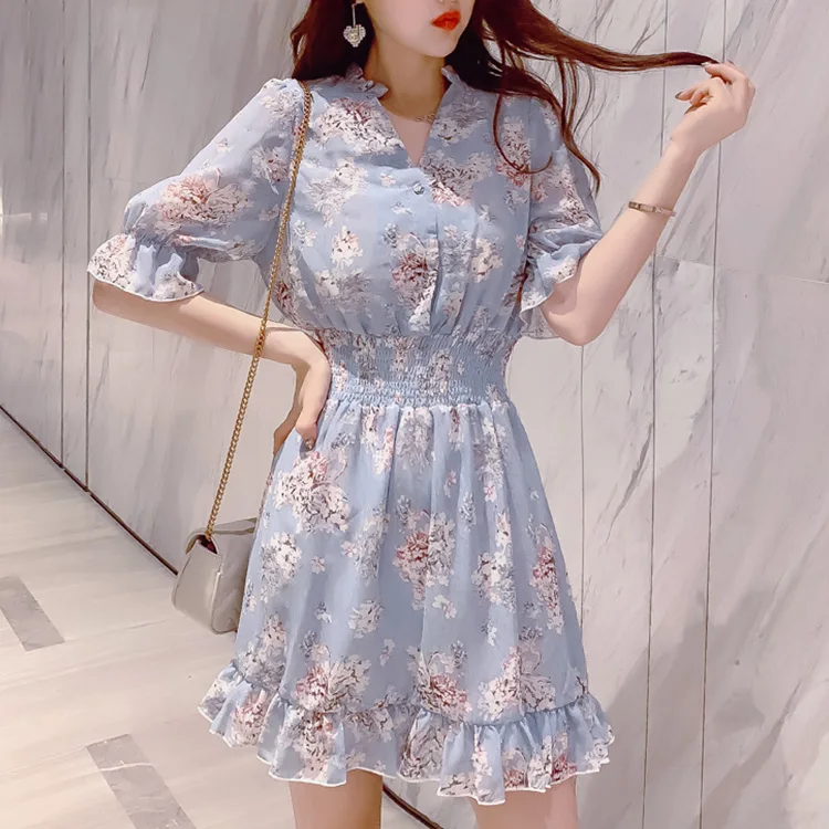 

Korean Dress Summer 2020 Flower Ruffle Chiffon Women Party Elegant Floral Pink Mini Vestido Curto Blue Blanco a Line V Neck Robe