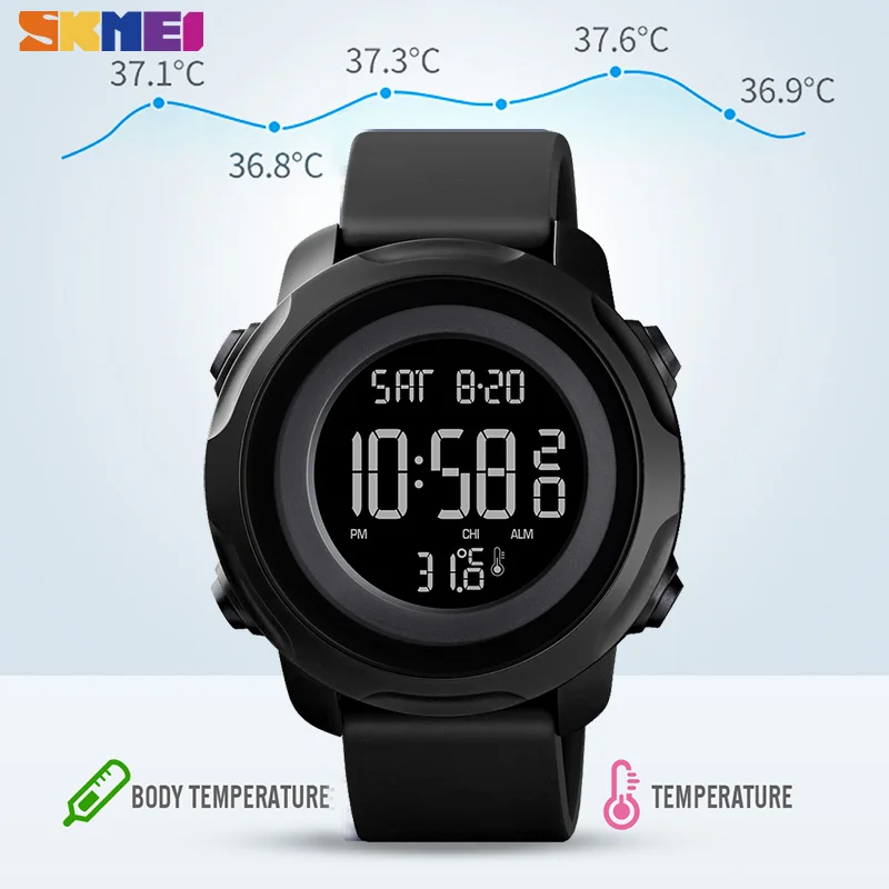 SKMEI Body Ambient Temperature Mens Watches Fitness 2 Time Digital Men Wristwatches Waterproof Healthy Tracker montre homme 1682