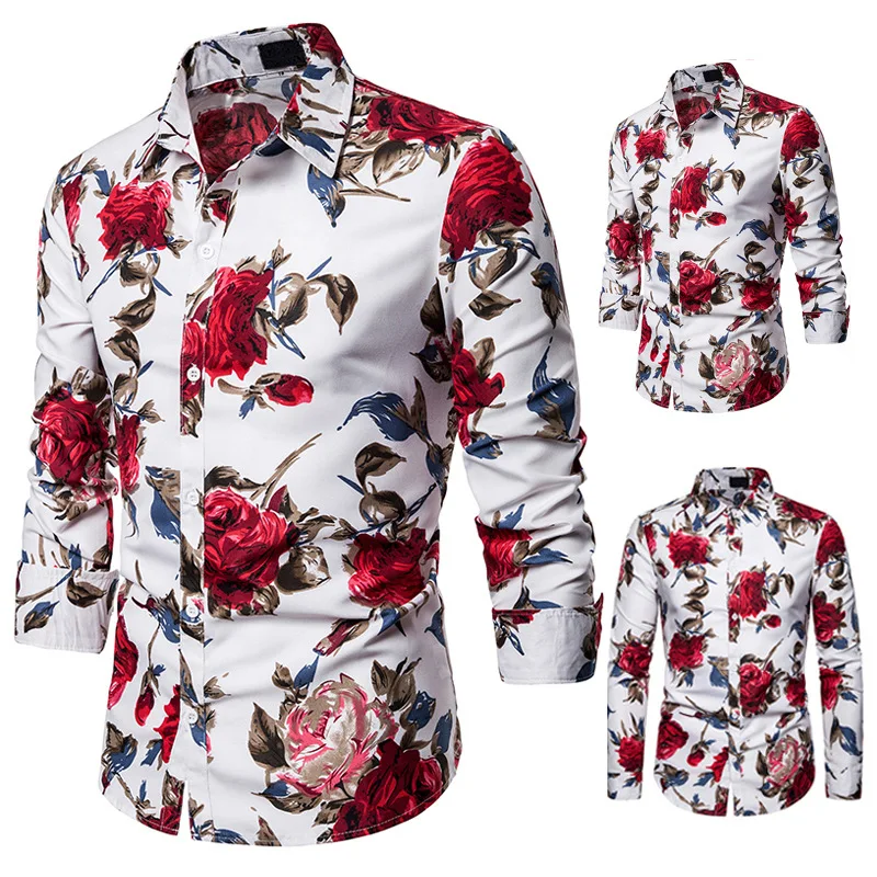 

Men's Shirts Fashionable Big Rose Decorative Design Cross-border Men's Collar Long Sleeve Shirts