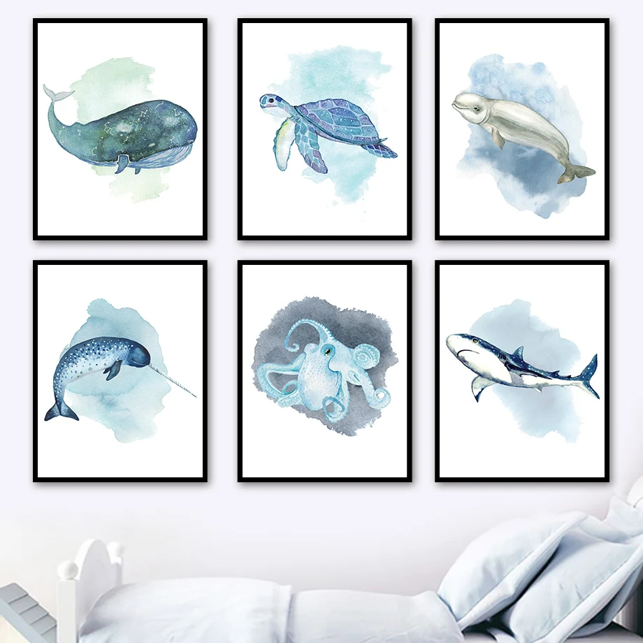 

Marine Life Whale Shark Turtle Dolphin Octopus Wall Art Canvas Painting Nordic Posters And Prints Wall Pictures Kids Room Decor
