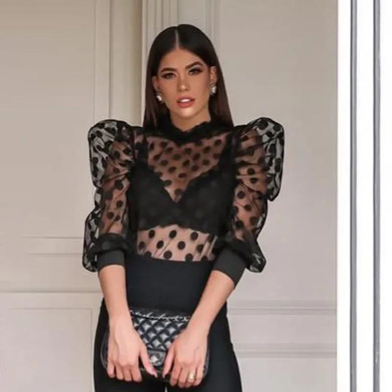 

Echoine Spring Dot Print Sheer Mesh See Through Ruffle Collar Puff Sleeve Sexy See Through Blouse Women Transparent Ladies Shirt